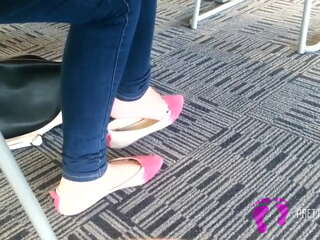 Candid asian teen shoeplay feet dangling pink flats part 1